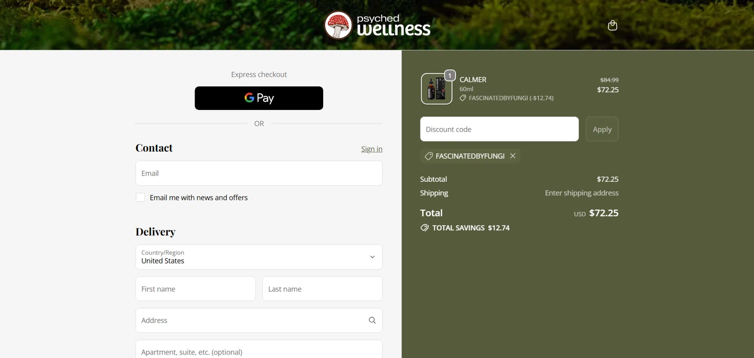 Psyched Wellness discount code screenshot showing code FASCINATEDBYFUNGI applied at Psyched Wellness checkout page. Uploaded by SimplyCodes community member marielysmorales on Dec 8, 2025