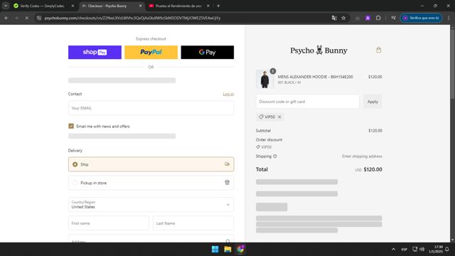 Psycho Bunny checkout page showing Psycho Bunny discount code box | Screenshot taken by SimplyCodes community member on Jan 1, 2025