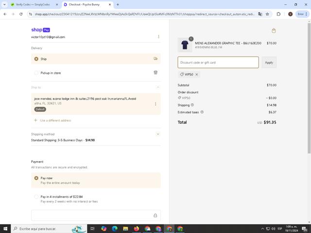 Psycho Bunny checkout page showing Psycho Bunny discount code box | Screenshot taken by SimplyCodes community member on Nov 19, 2024