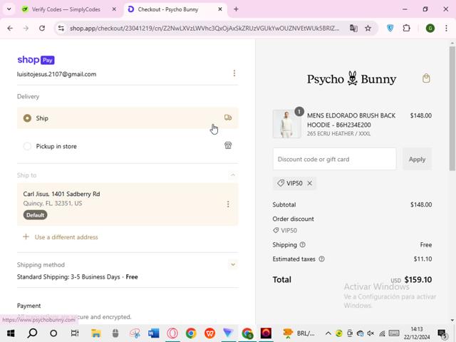 Psycho Bunny checkout page showing Psycho Bunny discount code box | Screenshot taken by SimplyCodes community member on Dec 22, 2024