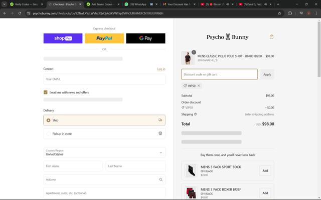 Psycho Bunny checkout page showing Psycho Bunny discount code box | Screenshot taken by SimplyCodes community member on Dec 11, 2024