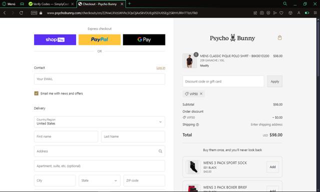 Psycho Bunny checkout page showing Psycho Bunny discount code box | Screenshot taken by SimplyCodes community member on Dec 6, 2024