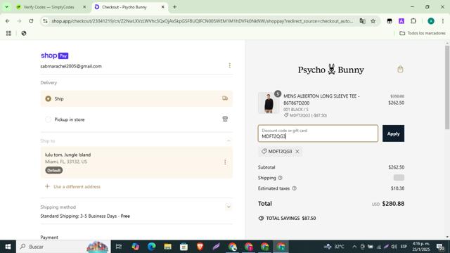 Psycho Bunny checkout page showing Psycho Bunny discount code box | Screenshot taken by SimplyCodes community member on Jan 25, 2025