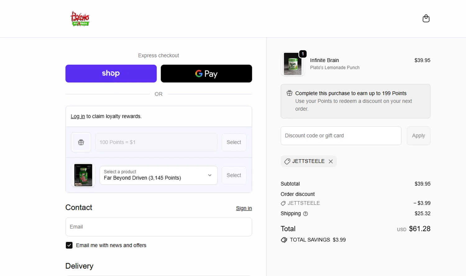 Psycho Pharma promo code screenshot showing code JETTSTEELE applied at Psycho Pharma checkout page. Uploaded by SimplyCodes community member 56484654654545 on May 27, 2026