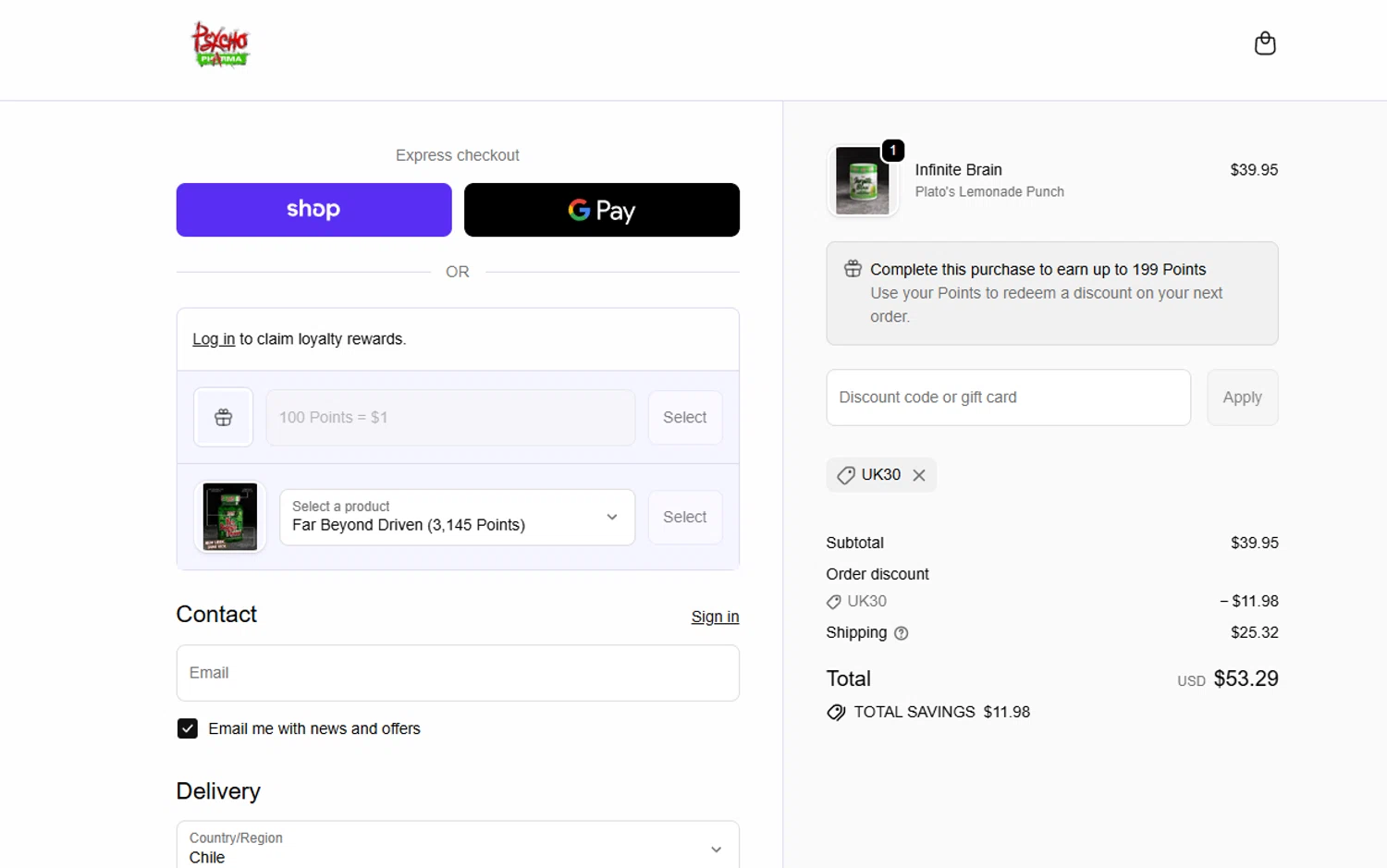 Psycho Pharma promo code screenshot showing code UK30 applied at Psycho Pharma checkout page. Uploaded by SimplyCodes community member 564656554985261421 on May 27, 2026
