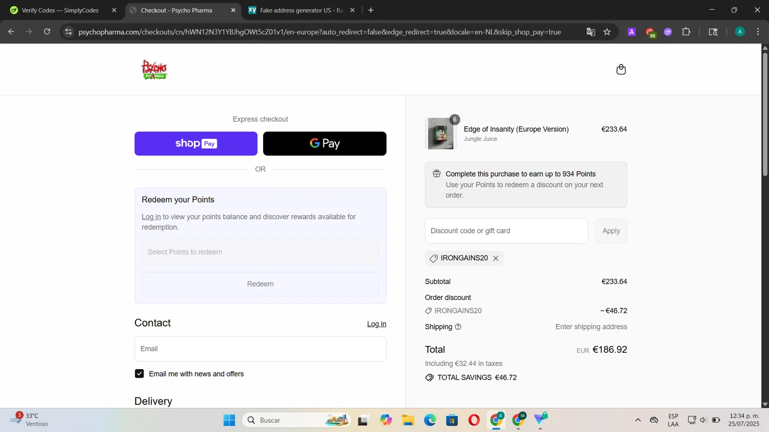 Psycho Pharma discount code screenshot showing code Irongains20 applied at Psycho Pharma checkout page. Uploaded by SimplyCodes community member CouponSentinel181 on Jul 25, 2025