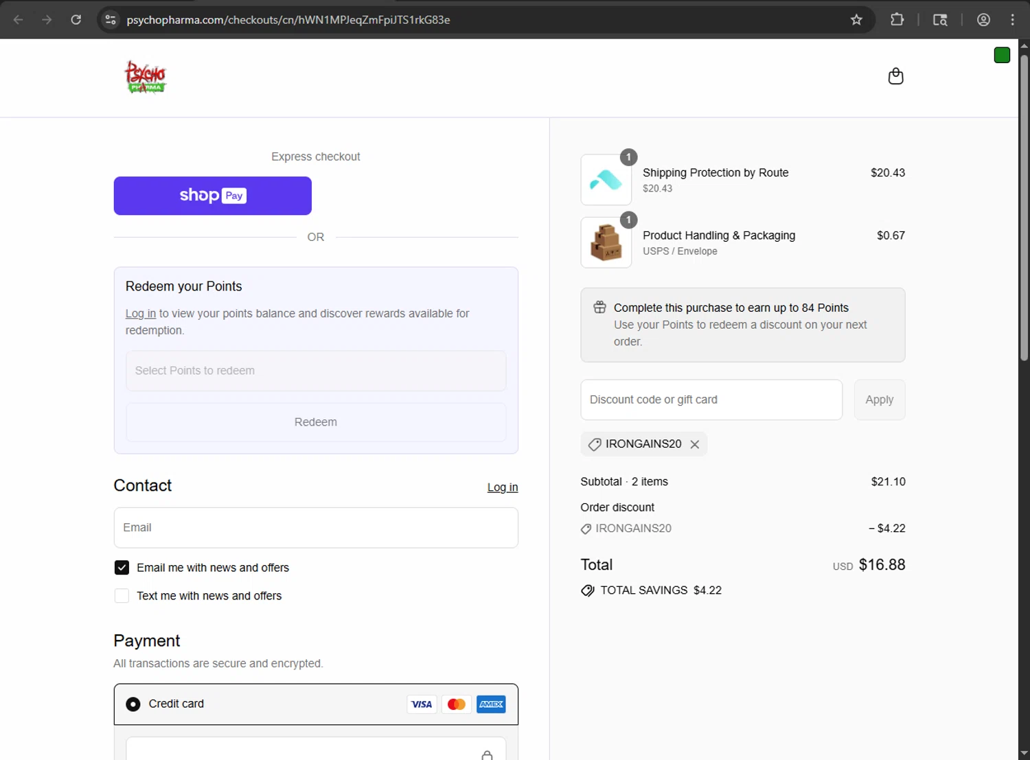 Psycho Pharma discount code screenshot showing code Irongains20 applied at Psycho Pharma checkout page. Uploaded by SimplyCodes community member zzzzzzza on Aug 3, 2025