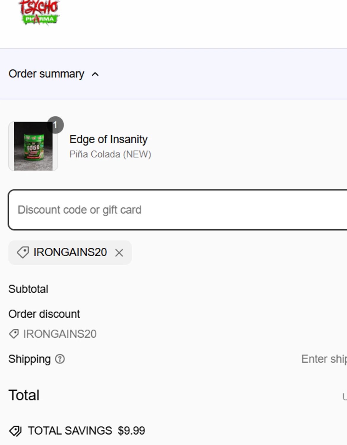 Psycho Pharma discount code screenshot showing code Irongains20 applied at Psycho Pharma checkout page. Uploaded by SimplyCodes community member LegendaryHero6995 on Mar 14, 2025