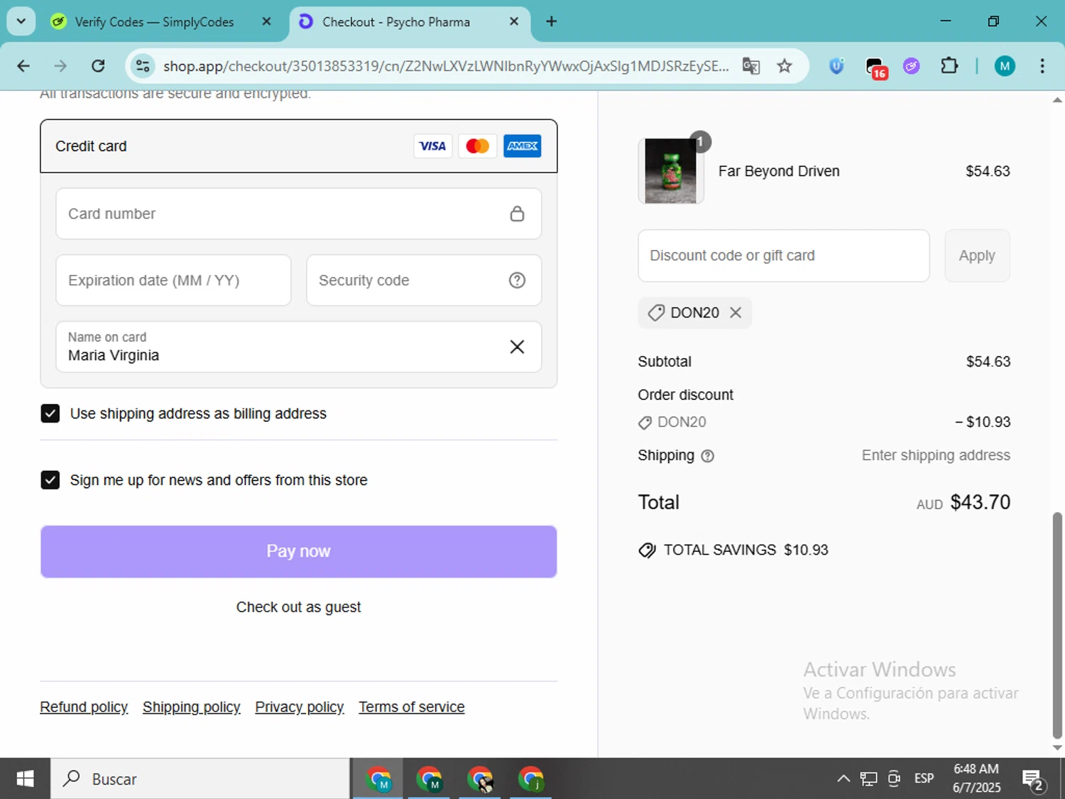 Psycho Pharma discount code screenshot showing code DON20 applied at Psycho Pharma checkout page. Uploaded by SimplyCodes community member estrellaveloz on Jun 7, 2025