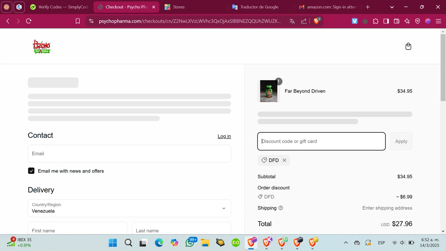Psycho Pharma discount code screenshot showing code DFD applied at Psycho Pharma checkout page. Uploaded by SimplyCodes community member ShrewdMonarch4436 on Mar 14, 2025