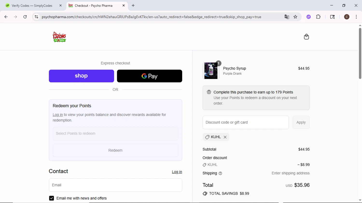 Psycho Pharma discount code screenshot showing code Kuhl applied at Psycho Pharma checkout page. Uploaded by SimplyCodes community member MoneyPilot9634 on Sep 6, 2025