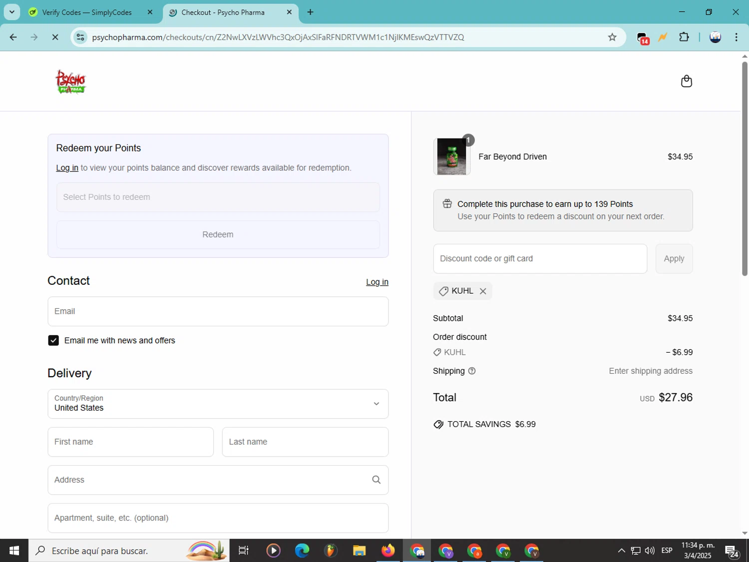 Psycho Pharma discount code screenshot showing code Kuhl applied at Psycho Pharma checkout page. Uploaded by SimplyCodes community member Soyvictor on Apr 4, 2025