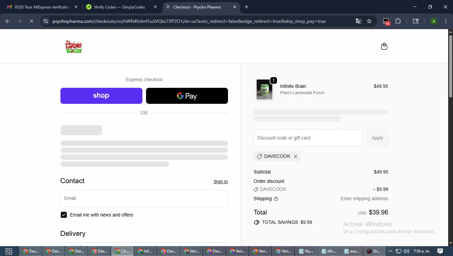Psycho Pharma discount code screenshot showing code DAVECOOK applied at Psycho Pharma checkout page. Uploaded by SimplyCodes community member CashLynx5338 on Oct 29, 2025