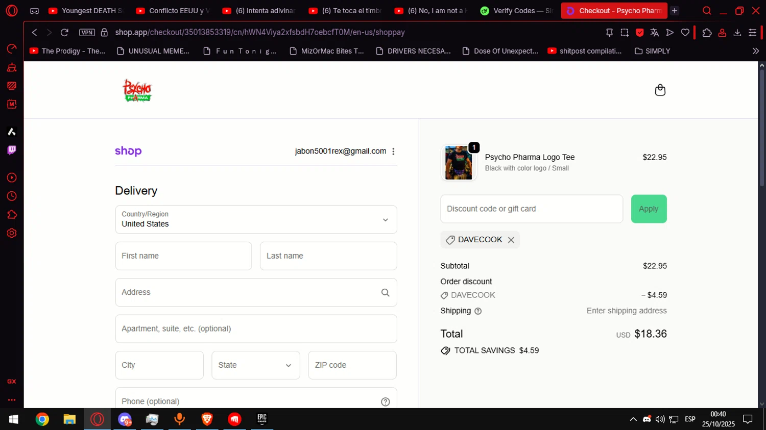 Psycho Pharma discount code screenshot showing code DAVECOOK applied at Psycho Pharma checkout page. Uploaded by SimplyCodes community member Anteserachido on Oct 25, 2025