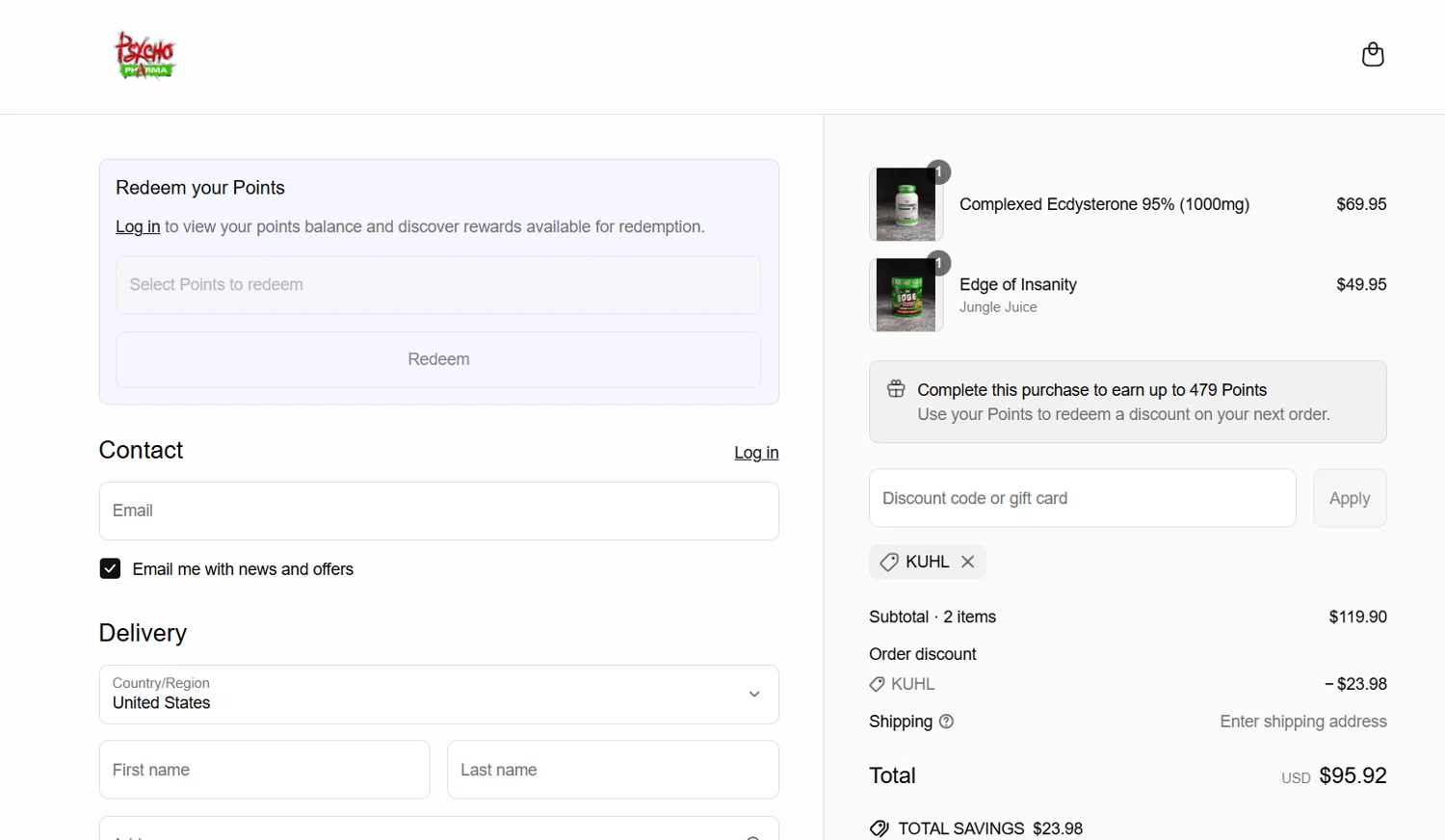 Psycho Pharma discount code screenshot showing code Kuhl applied at Psycho Pharma checkout page. Uploaded by SimplyCodes community member jade5416625024720 on Apr 4, 2025