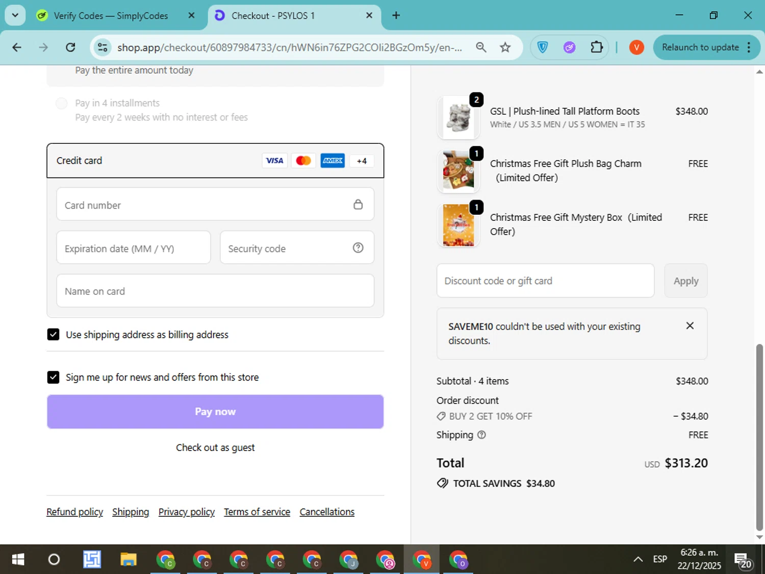Psylos1 discount code screenshot showing code SAVEME10 applied at Psylos1 checkout page. Uploaded by SimplyCodes community member CodeMonarch8148 on Dec 22, 2025