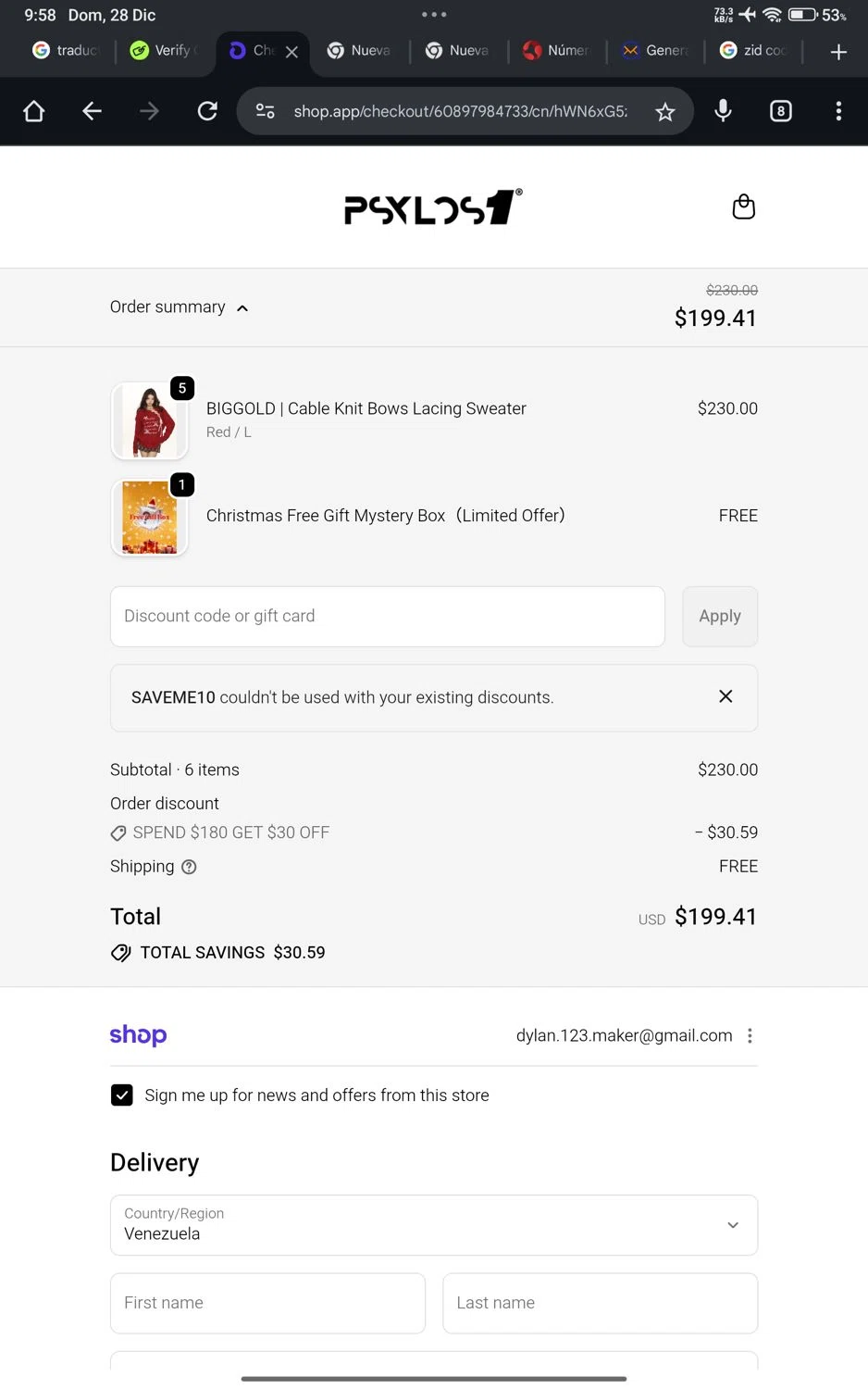 Psylos1 discount code screenshot showing code SAVEME10 applied at Psylos1 checkout page. Uploaded by SimplyCodes community member SavvyScholar3684 on Dec 28, 2025