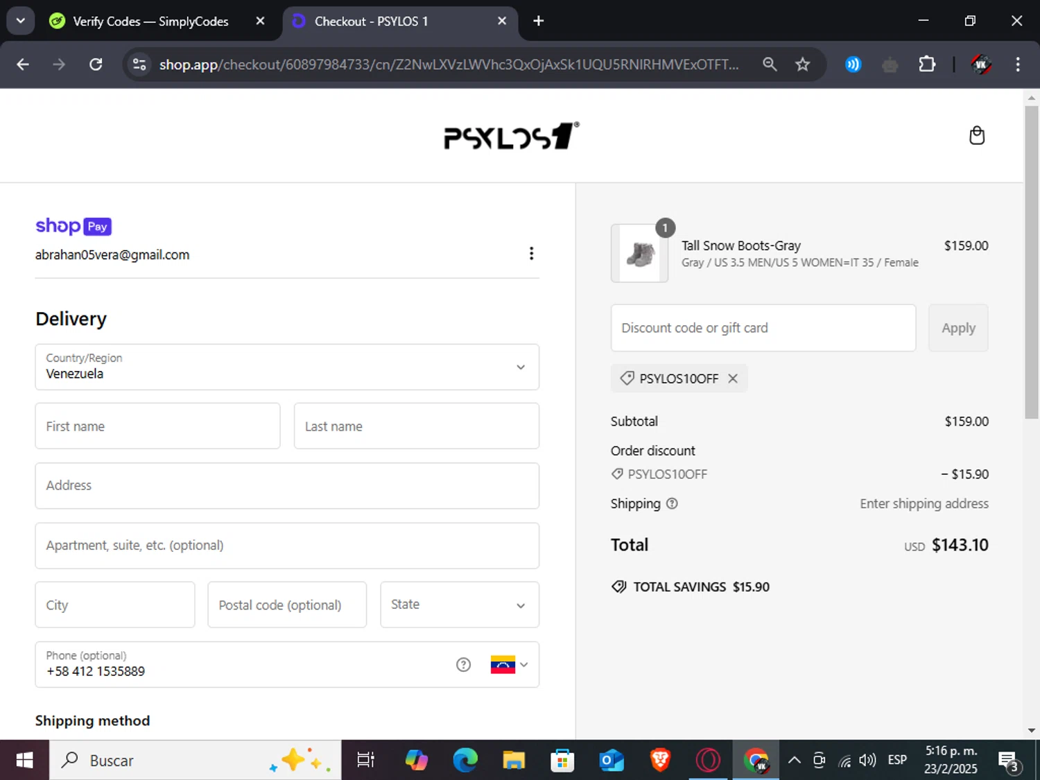 Psylos1 discount code screenshot showing code PSYLOS10OFF applied at Psylos1 checkout page. Uploaded by SimplyCodes community member TreasureAdmiral6867 on Feb 23, 2025