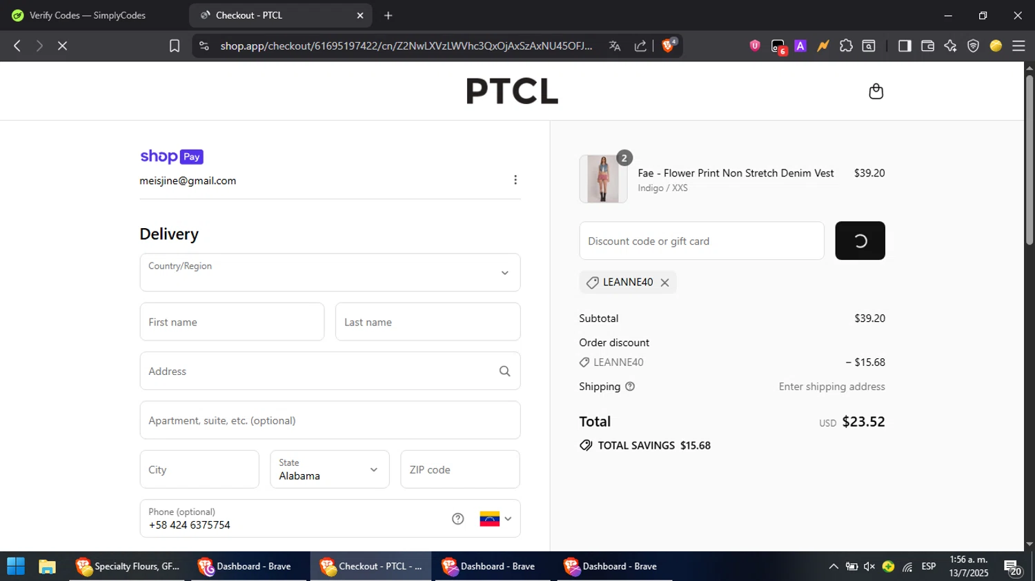 PTCL promo code screenshot showing code LEANNE40 applied at PTCL checkout page. Uploaded by SimplyCodes community member PromoScout8746 on Jul 13, 2025
