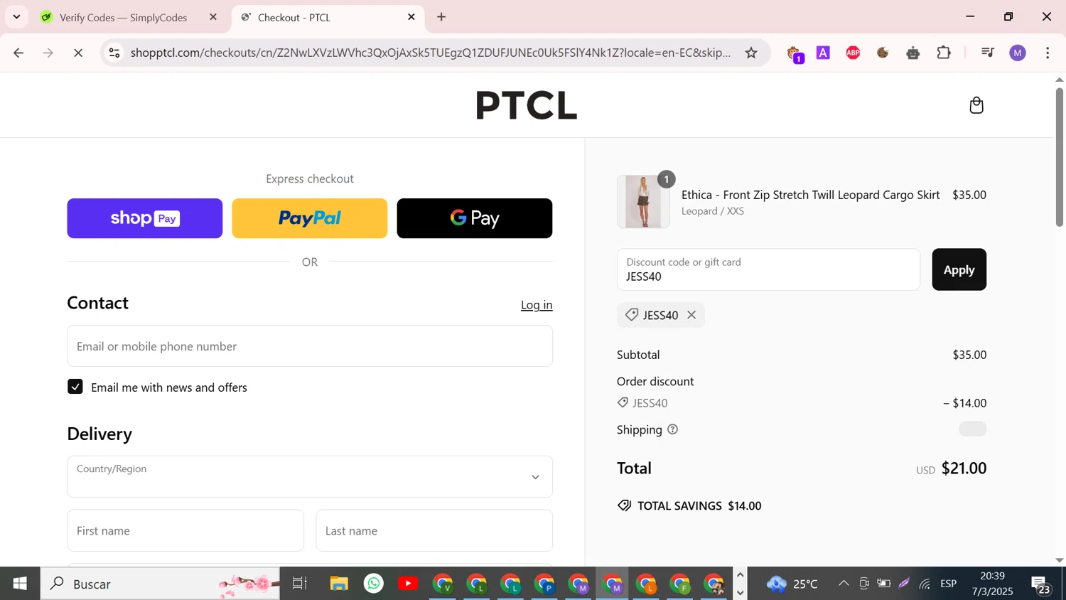 PTCL promo code screenshot showing code JESS40 applied at PTCL checkout page. Uploaded by SimplyCodes community member CouponCollector598 on Mar 8, 2025