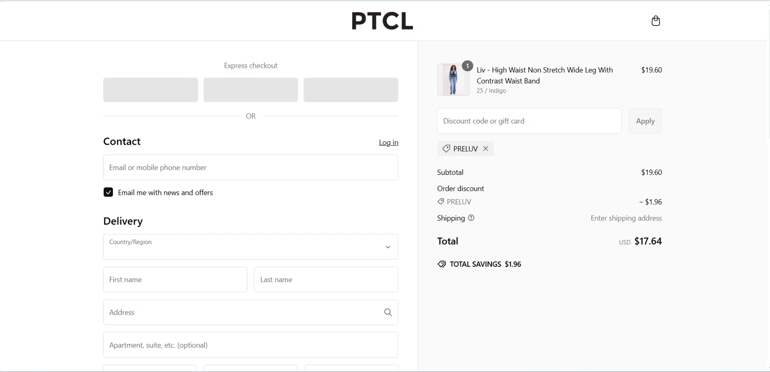 PTCL promo code screenshot showing code PRELUV applied at PTCL checkout page. Uploaded by SimplyCodes community member Airtek on Mar 3, 2025