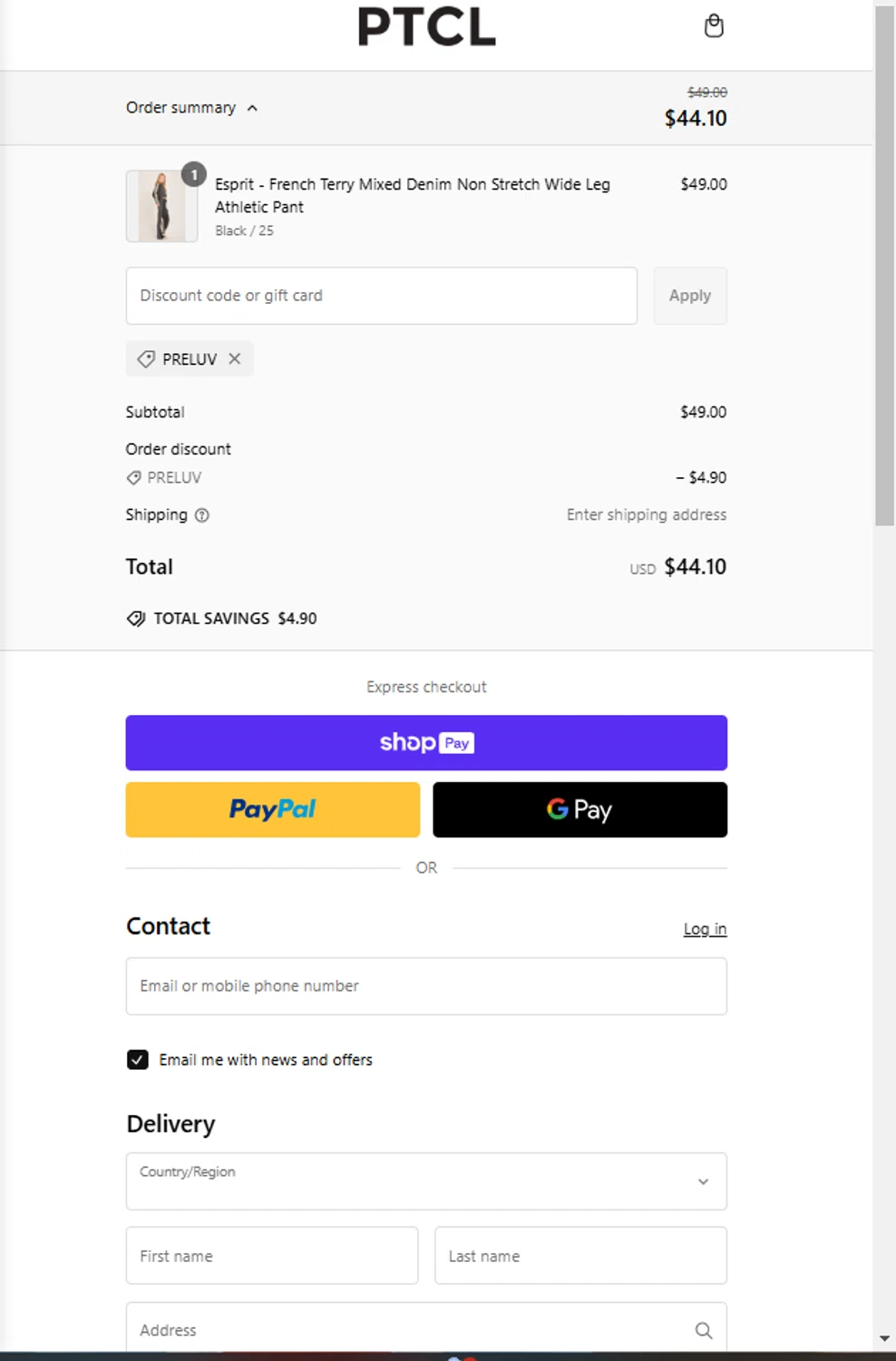 PTCL promo code screenshot showing code PRELUV applied at PTCL checkout page. Uploaded by SimplyCodes community member Franyer12 on Feb 2, 2025