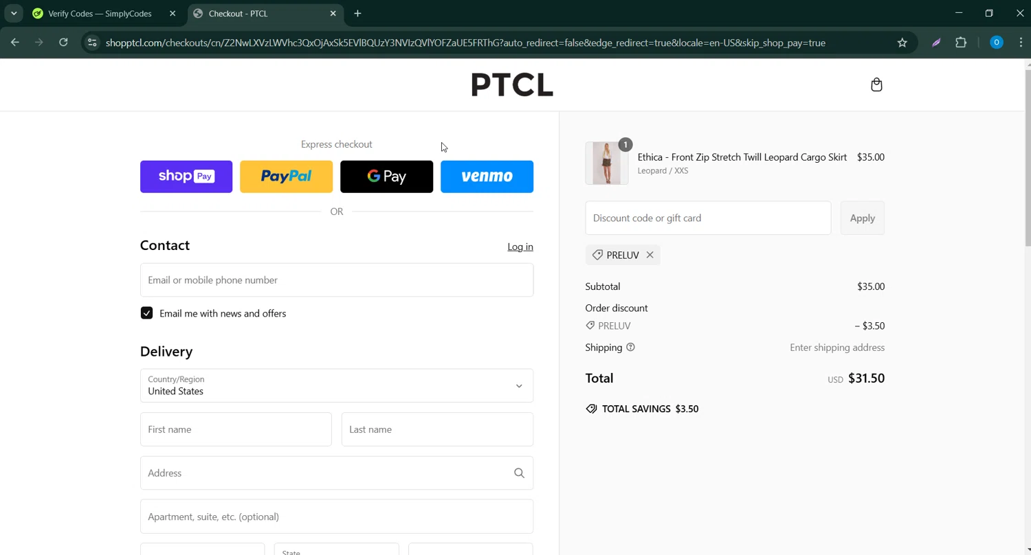 PTCL promo code screenshot showing code PRELUV applied at PTCL checkout page. Uploaded by SimplyCodes community member _____________ on Mar 3, 2025