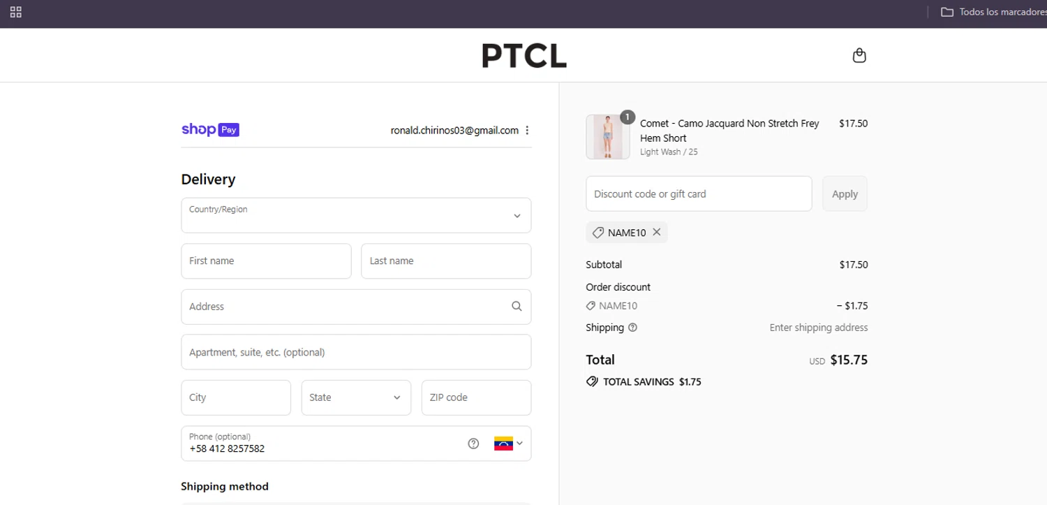 PTCL promo code screenshot showing code NAME10 applied at PTCL checkout page. Uploaded by SimplyCodes community member Egni_149037891 on Aug 8, 2025