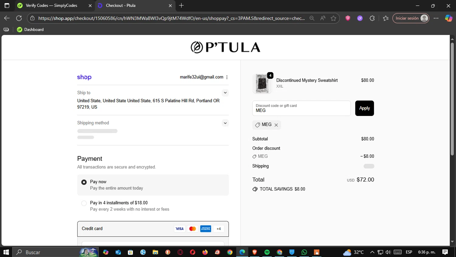 Ptula discount code screenshot showing code MEG applied at Ptula checkout page. Uploaded by SimplyCodes community member CleoSalvatore on Sep 24, 2025