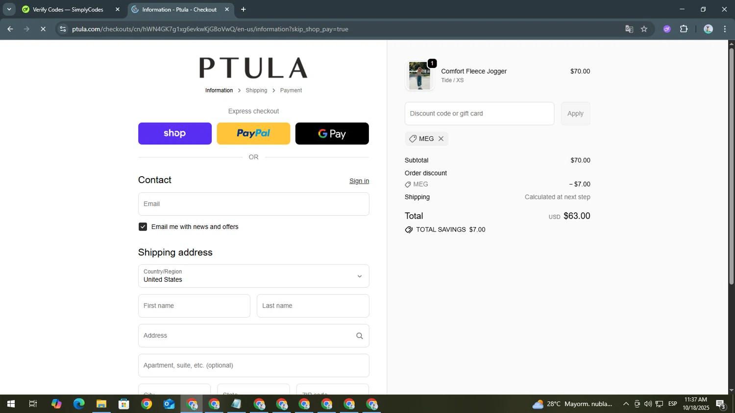 Ptula discount code screenshot showing code MEG applied at Ptula checkout page. Uploaded by SimplyCodes community member GoldScout9735 on Oct 18, 2025