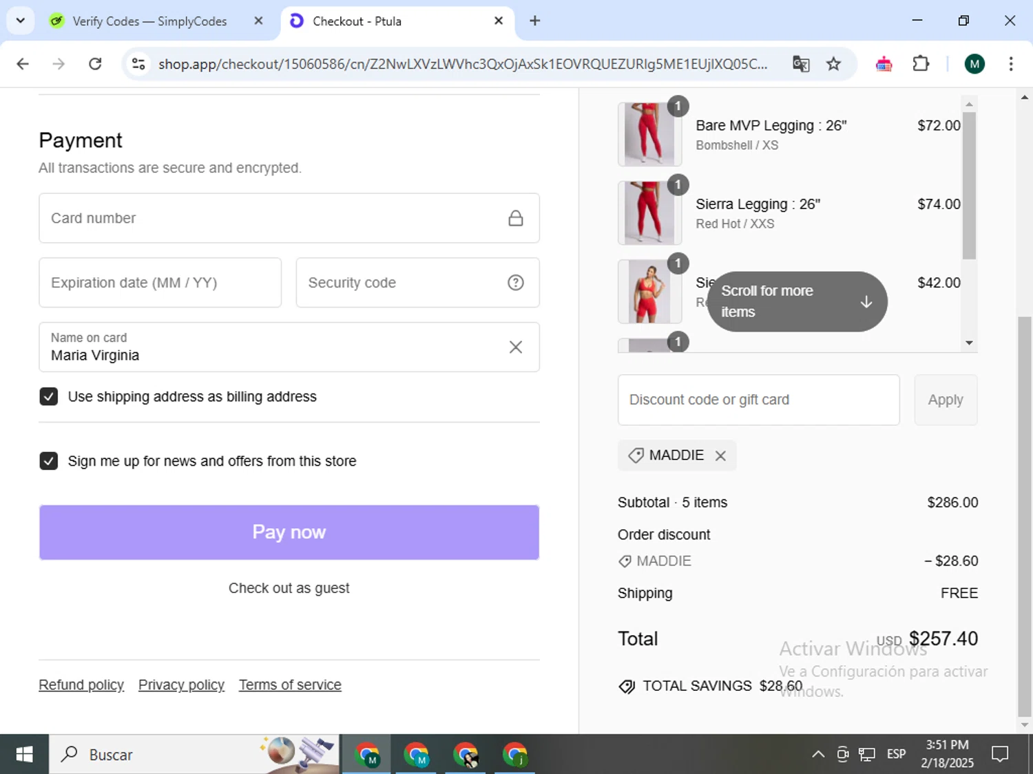Ptula discount code screenshot showing code Maddie applied at Ptula checkout page. Uploaded by SimplyCodes community member Jorgeluisvera on Feb 18, 2025