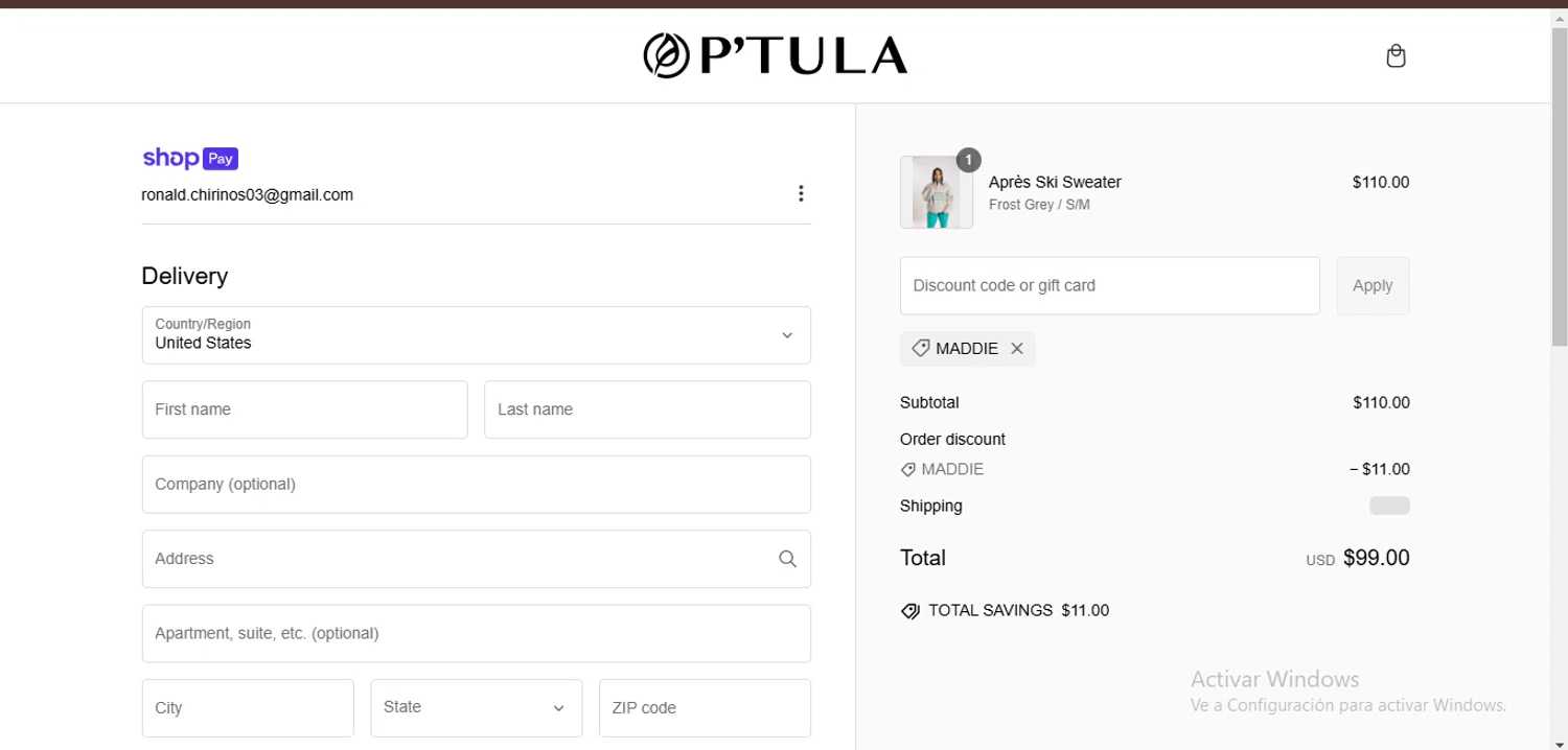 Ptula discount code screenshot showing code Maddie applied at Ptula checkout page. Uploaded by SimplyCodes community member BonusCollector7885 on Feb 6, 2025
