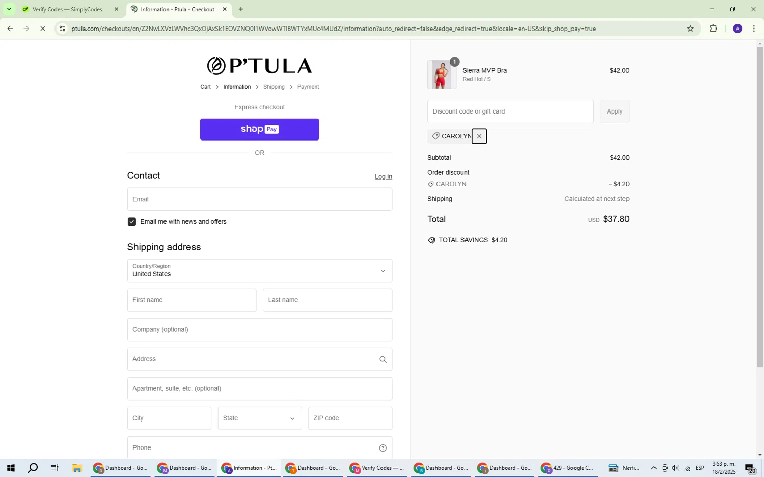 Ptula discount code screenshot showing code CAROLYN applied at Ptula checkout page. Uploaded by SimplyCodes community member ThriftySentinel2853 on Feb 18, 2025