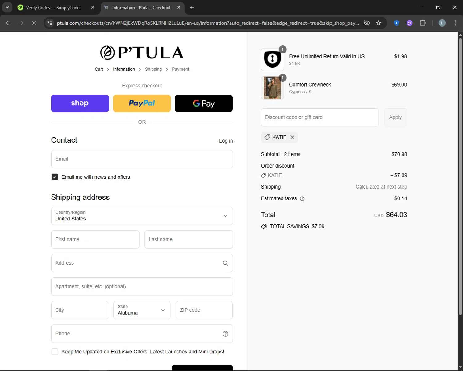Ptula discount code screenshot showing code katie applied at Ptula checkout page. Uploaded by SimplyCodes community member CashTracker4266 on Sep 8, 2025