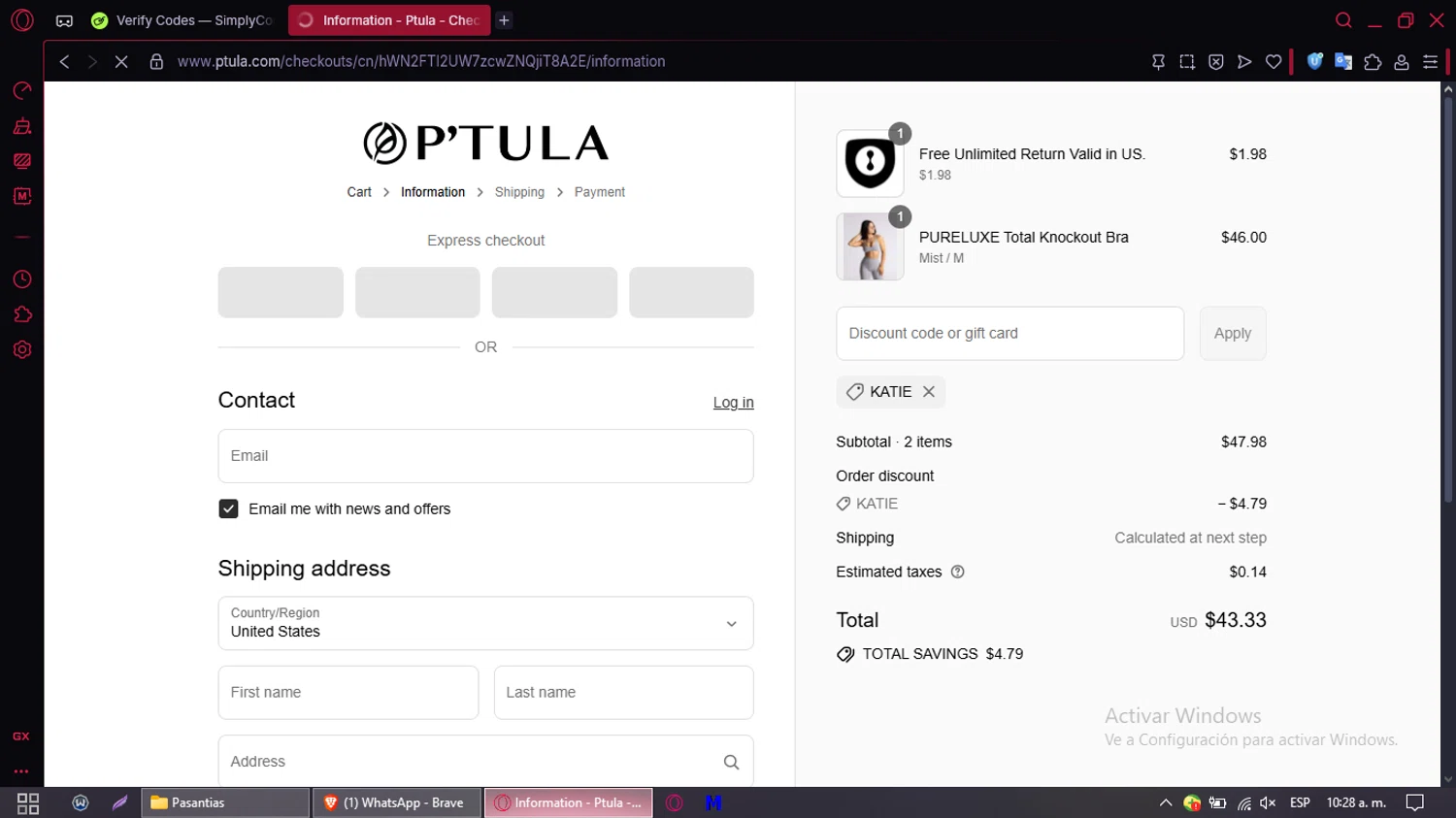 Ptula discount code screenshot showing code katie applied at Ptula checkout page. Uploaded by SimplyCodes community member CleverMaven2889 on Aug 26, 2025