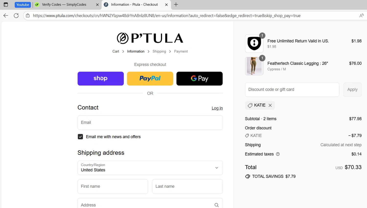 Ptula discount code screenshot showing code katie applied at Ptula checkout page. Uploaded by SimplyCodes community member RoyalNavigator1011 on Sep 3, 2025