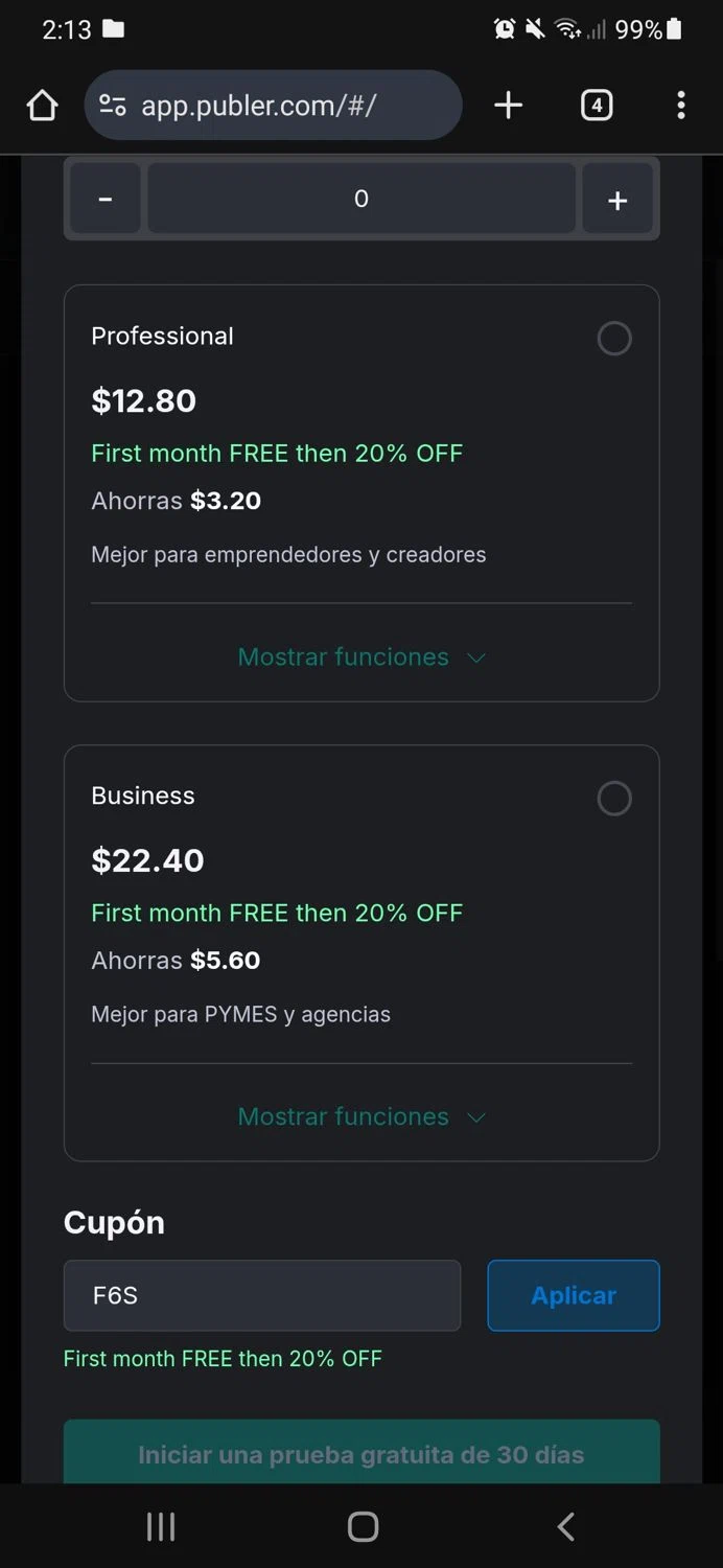 Publer promo code screenshot showing code F6S applied at Publer checkout page. Uploaded by SimplyCodes community member CouponSaver4196 on Dec 9, 2025