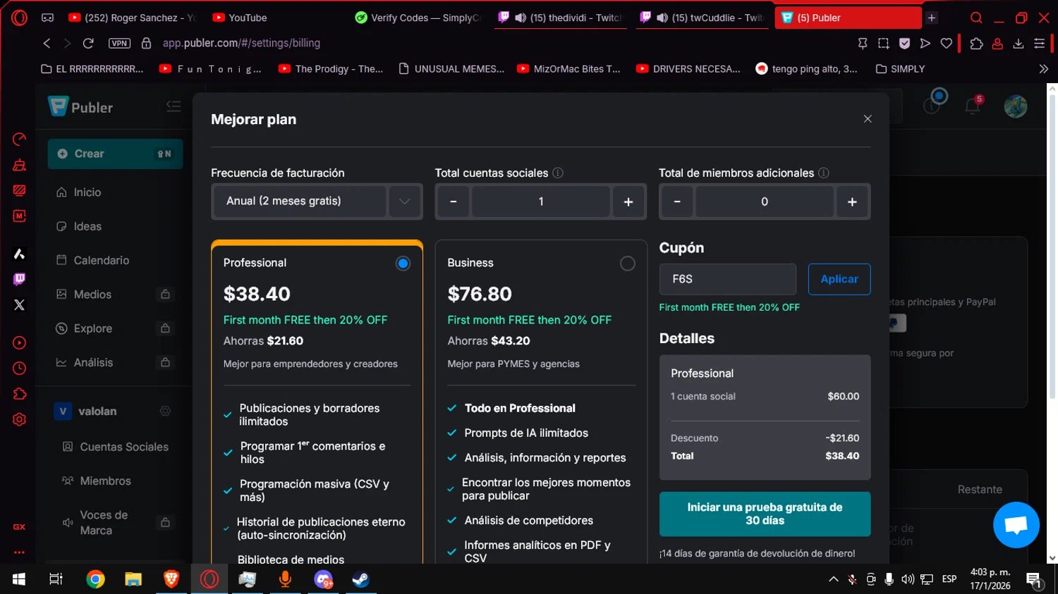 Publer checkout page showing Publer promo code box | Screenshot taken by SimplyCodes community member on Jan 17, 2026