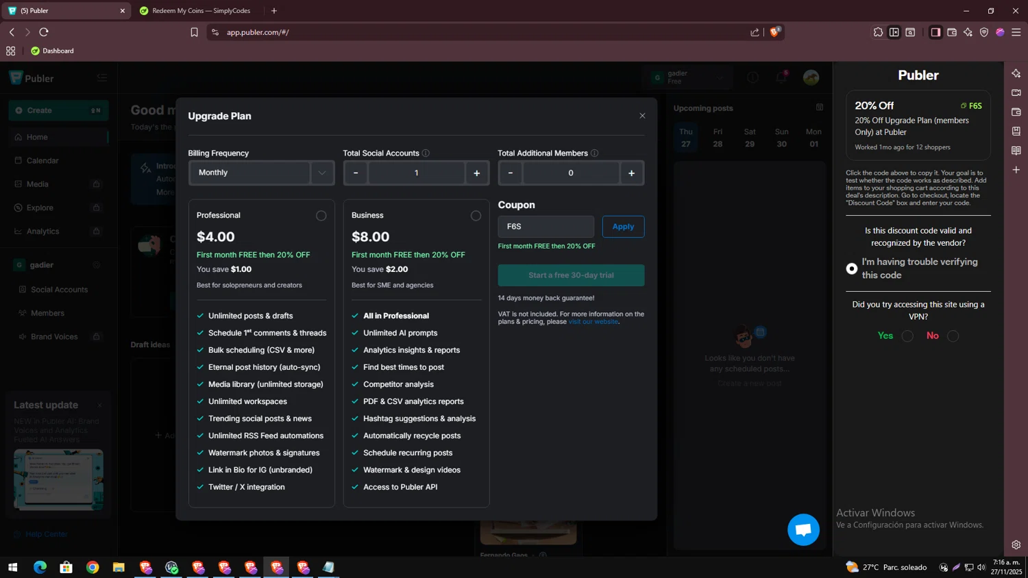 Publer checkout page showing Publer promo code box | Screenshot taken by SimplyCodes community member on Nov 27, 2025