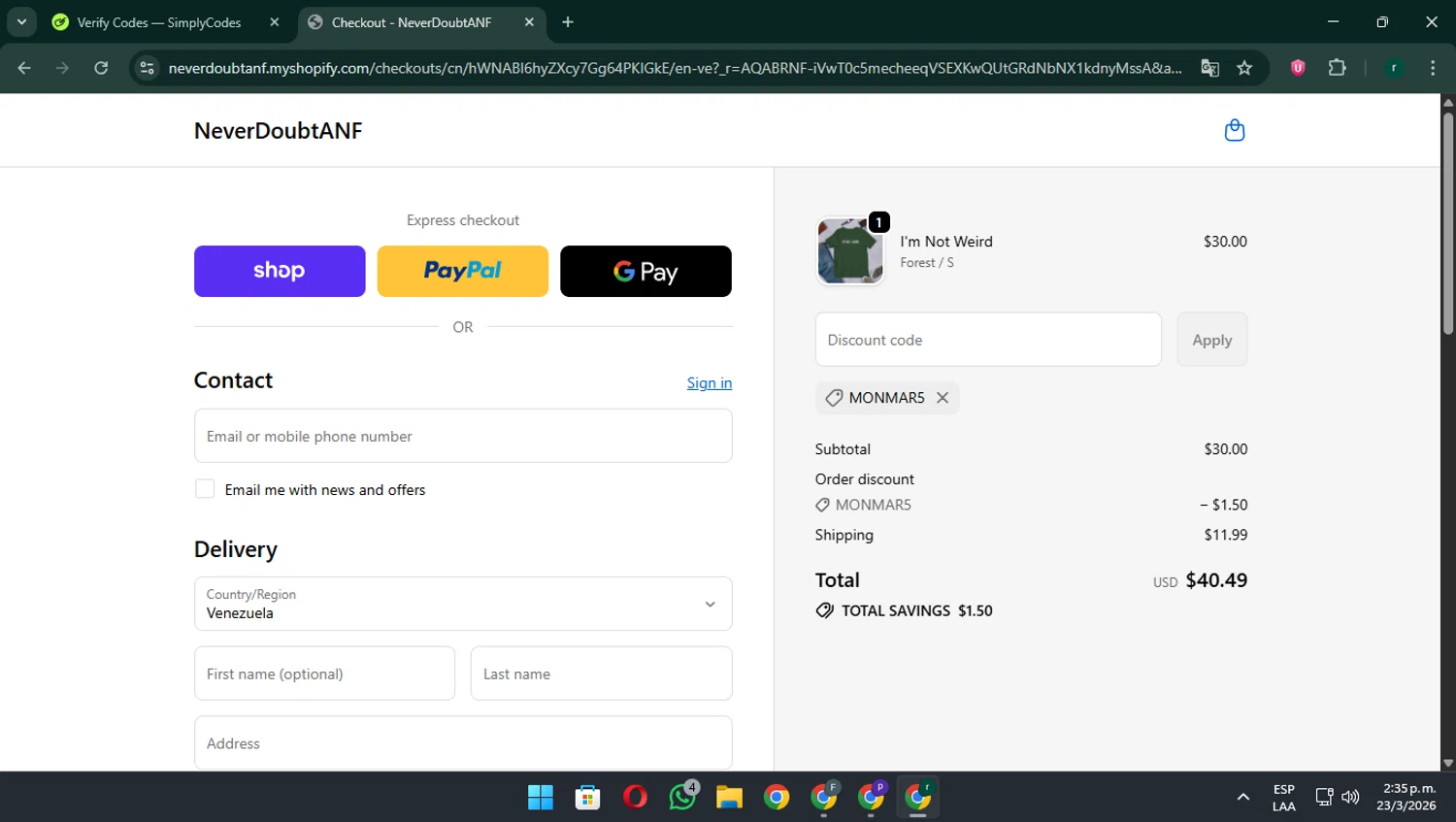 PublishLowContentBooks promo code screenshot showing code MONMAR5 applied at PublishLowContentBooks checkout page. Uploaded by SimplyCodes community member rodri1 on Mar 23, 2026