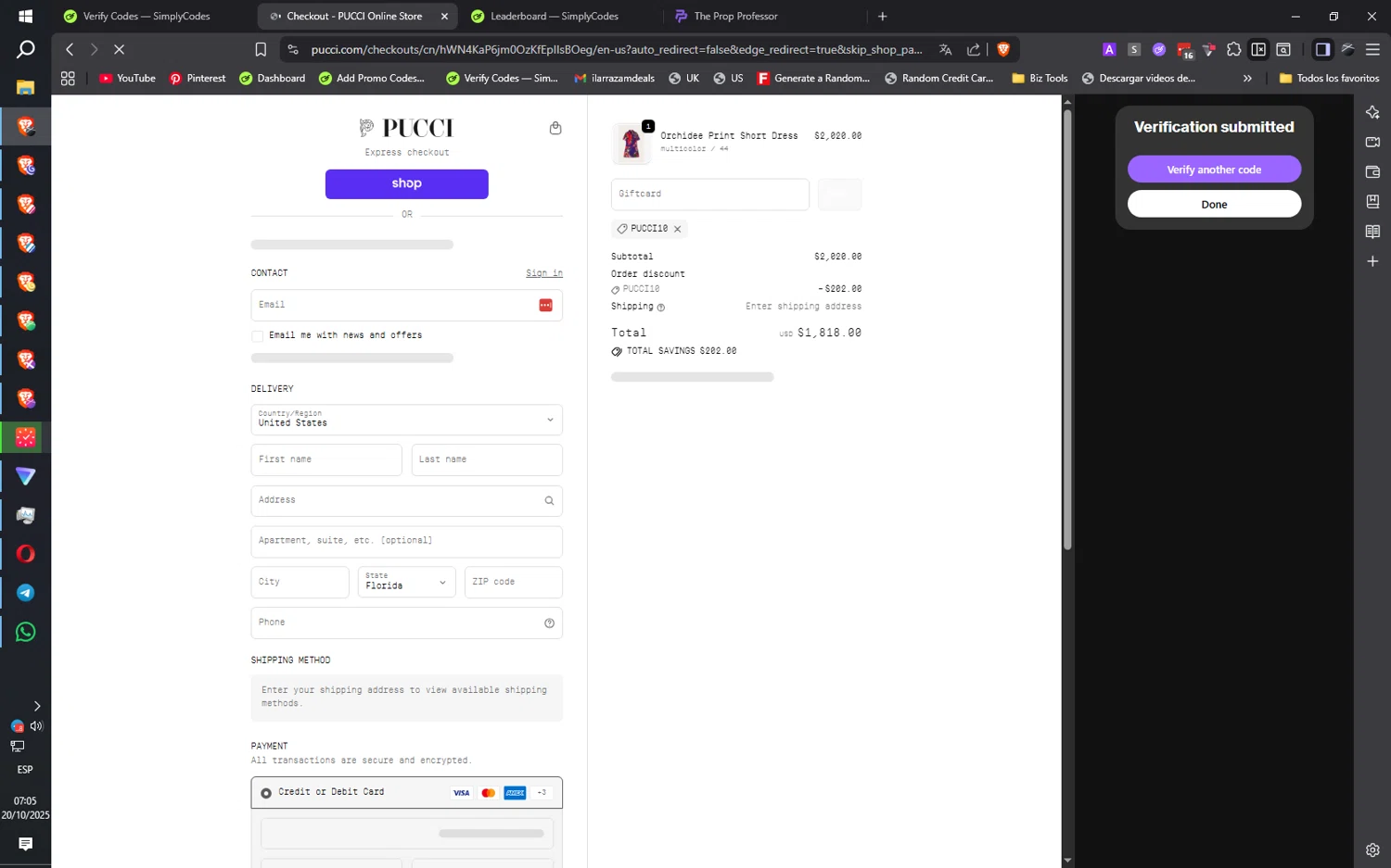 PUCCI promo code screenshot showing code PUCCI10 applied at PUCCI checkout page. Uploaded by SimplyCodes community member ilarrazaM1 on Oct 20, 2025