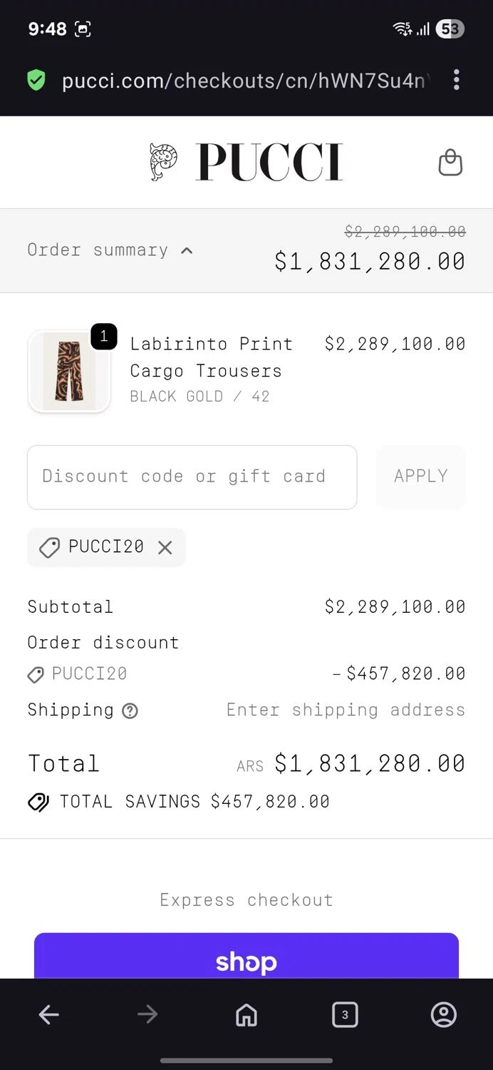 PUCCI promo code screenshot showing code Pucci20 applied at PUCCI checkout page. Uploaded by SimplyCodes community member BB9542251456527 on Jan 11, 2026