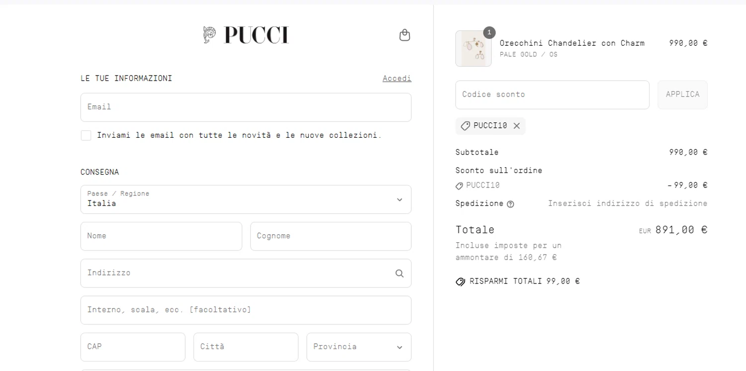 PUCCI promo code screenshot showing code PUCCI10 applied at PUCCI checkout page. Uploaded by SimplyCodes community member eithanmilas on Apr 21, 2025