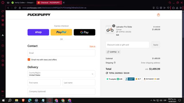 PUCKIPUPPY checkout page showing PUCKIPUPPY discount code box | Screenshot taken by SimplyCodes community member on Sep 10, 2025