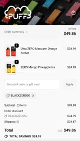 BLACKZERO50 coupon verification screenshot