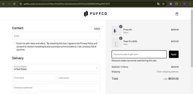Puffco checkout page showing Puffco discount code box | Screenshot taken by SimplyCodes community member on Nov 27, 2024