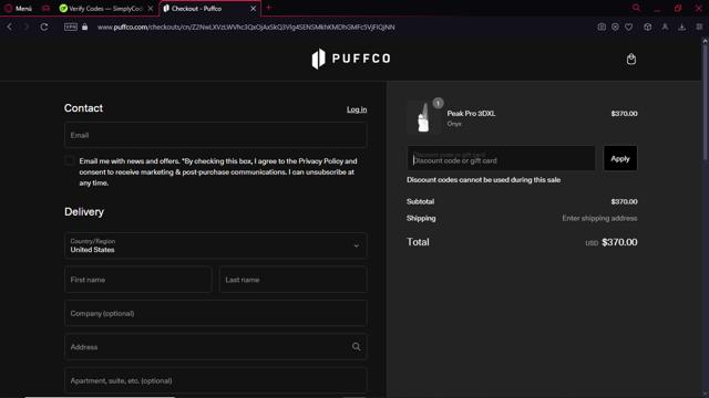 Puffco checkout page showing Puffco discount code box | Screenshot taken by SimplyCodes community member on Nov 21, 2024