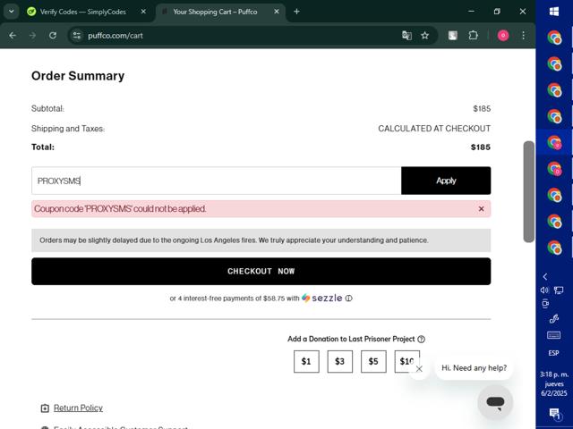Puffco checkout page showing Puffco discount code box | Screenshot taken by SimplyCodes community member on Feb 6, 2025