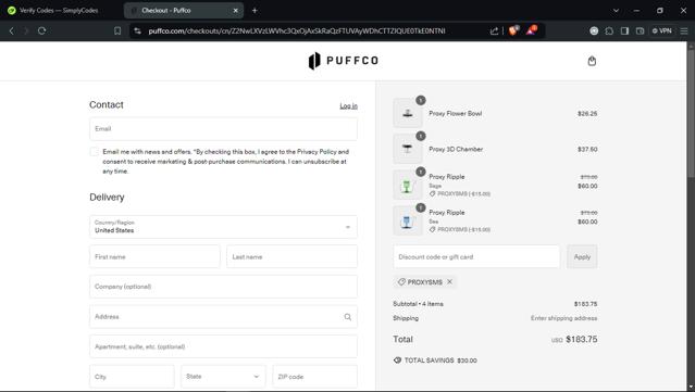 Puffco checkout page showing Puffco discount code box | Screenshot taken by SimplyCodes community member on Nov 30, 2024