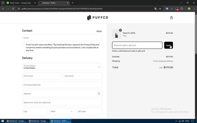 Puffco checkout page showing Puffco discount code box | Screenshot taken by SimplyCodes community member on Apr 15, 2025